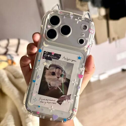星星月亮花边猫耳挂件放照片适用于苹果16promax手机壳iPhone15/14全包精孔13pro耐脏12/11情侣可爱xs硅胶壳