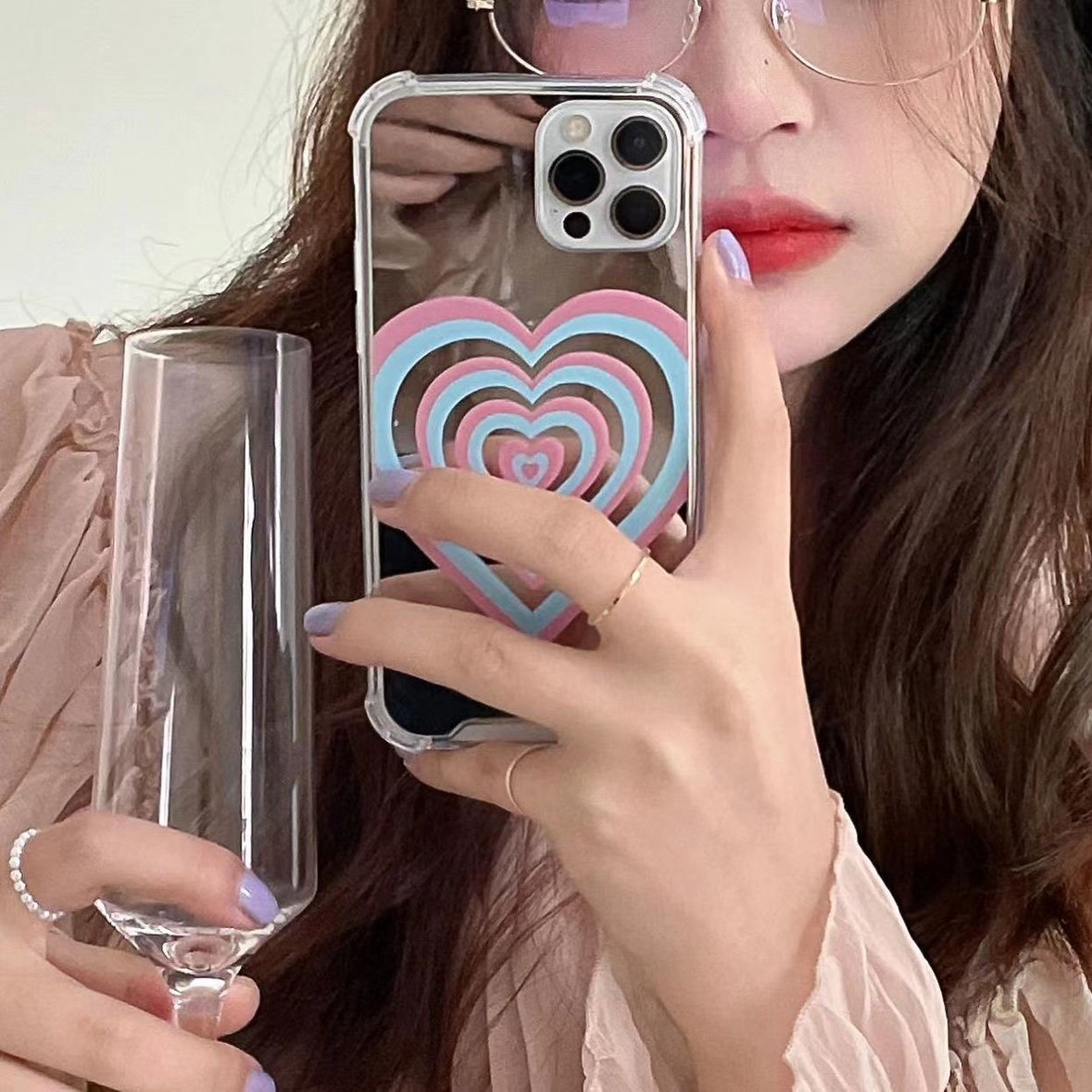 适用于苹果简约彩虹爱心潮流镜面壳17/16新款手机壳镜子11/12proma电镀xins风高级xs/xr防摔7p创意13p少女心