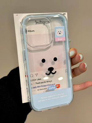 可爱蓝色自嘲熊三合一果冻壳适用iPhone15Plus手机壳软磨砂苹果15ProMax新款防摔12男女款13Pro硅胶保护壳