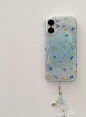 蓝色海洋旋转小鱼适用于苹果14pro不会撞壳15新款双层imd13光面大孔12小众高级感11