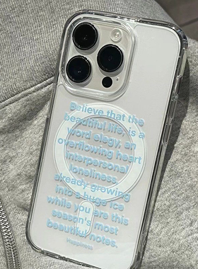 蓝色文字字母小众简约ins风适用于苹果15/14透明磁吸全包边精孔硬壳11/12promax高级xs/xr防摔7p高透13