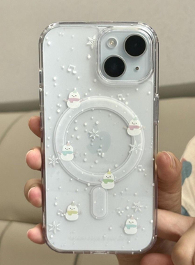 简约满屏雪花小雪人ins风适用于苹果15/14透明磁吸全包软边精孔硬壳11/12promax高级xs/xr防摔7p高透13