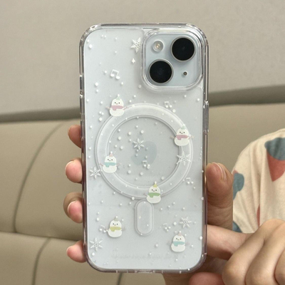 简约满屏雪花小雪人ins风适用于苹果15/14透明磁吸全包软边精孔硬壳11/12promax高级xs/xr防摔7p高透13