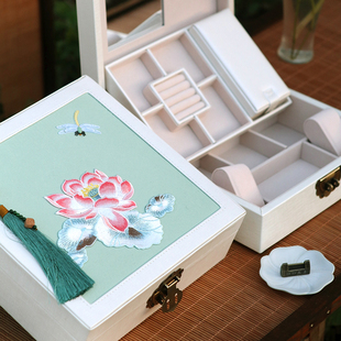 浮生一梦原创复古风首饰盒收纳盒耳钉耳环带镜锁刺绣木质手饰品盒