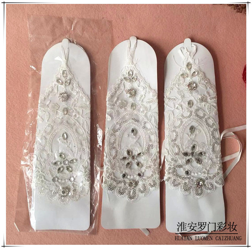 韩式新娘婚纱蕾丝绑带手套烫钻钉婚纱手套