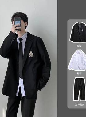 dk制服休闲小西服男帅韩版大码宽松西装学院风情侣毕业季班服全套