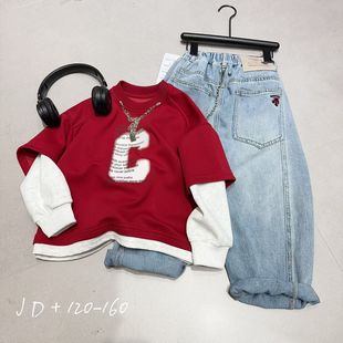 男童年款潮牌卫衣2025中小童韩版个性百搭不加绒撞色拼接圆领上衣