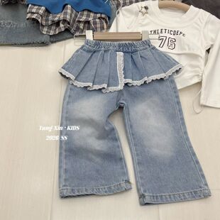 女童屁帘牛仔裤2026春款小童韩版洋气百搭甜美蕾丝拼接牛仔喇叭裤
