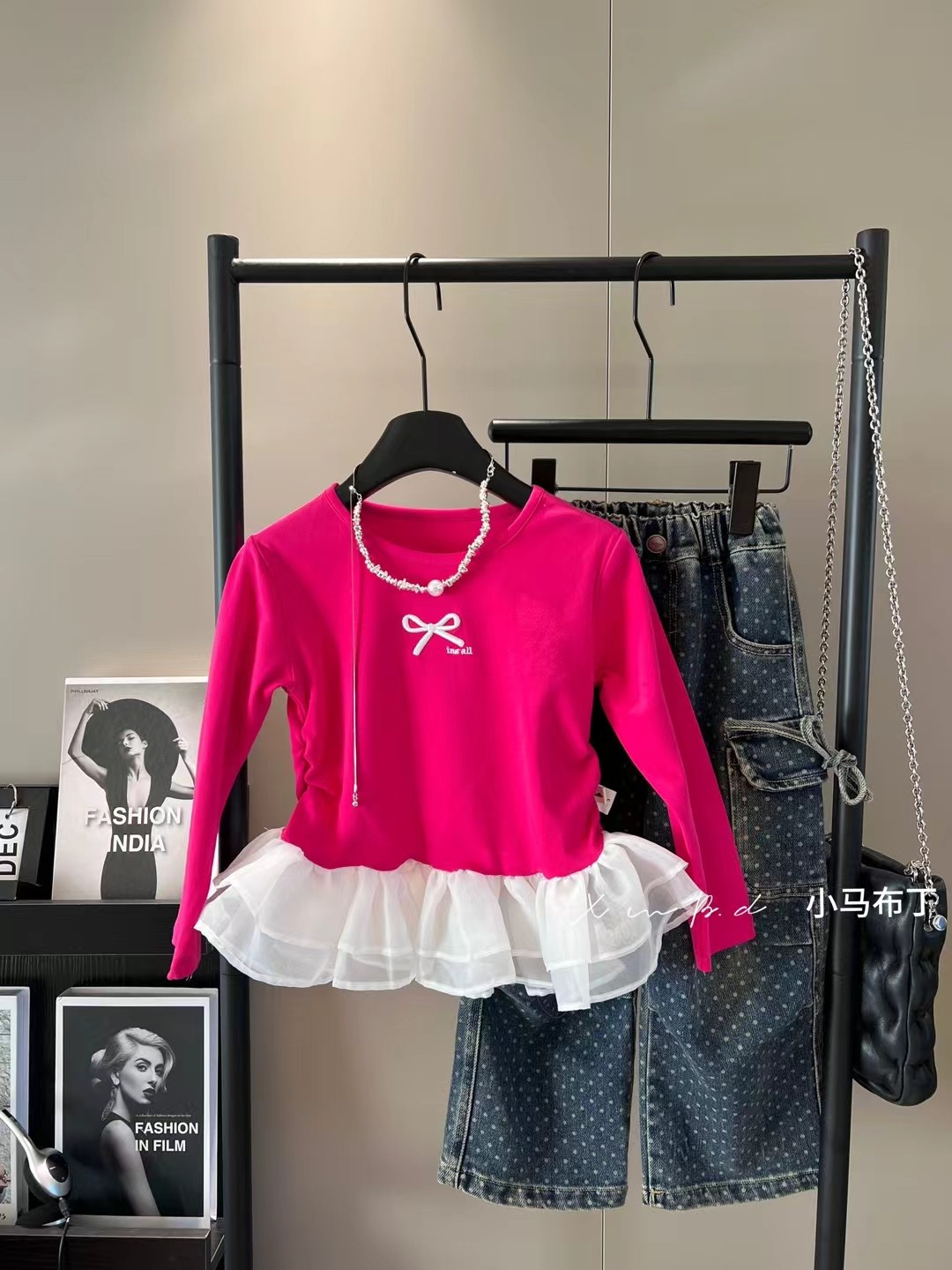 女童甜美套装2026春款中小童洋气百搭网纱拼接打底衫+阔腿牛仔裤