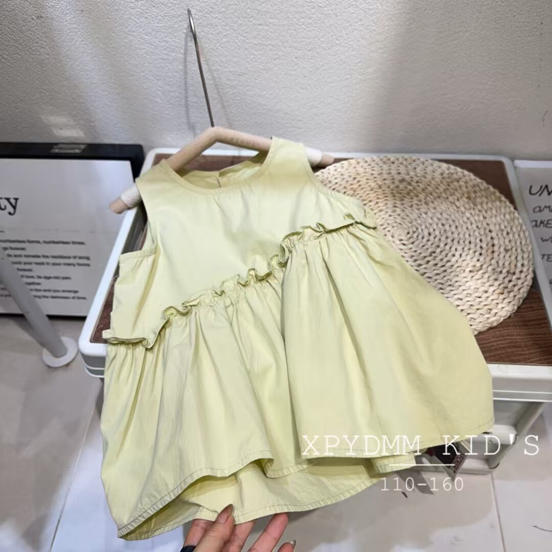 女童棉布娃娃衫裙2026夏款中小童韩版洋气百搭纯色木耳边无袖上衣