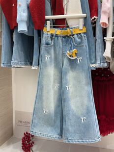 女童一体绒烫钻牛仔裤2025中小童洋气百搭加绒直筒裤蝴蝶结阔腿裤