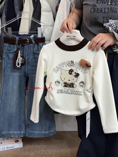 女童洋气辣妹t 中小童2025秋冬韩版卡通印花休闲百搭加绒打底衫