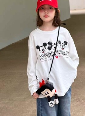 女童米奇长袖T恤2026秋款中大童韩版宽松百搭卡通打底衫+玩偶挂饰