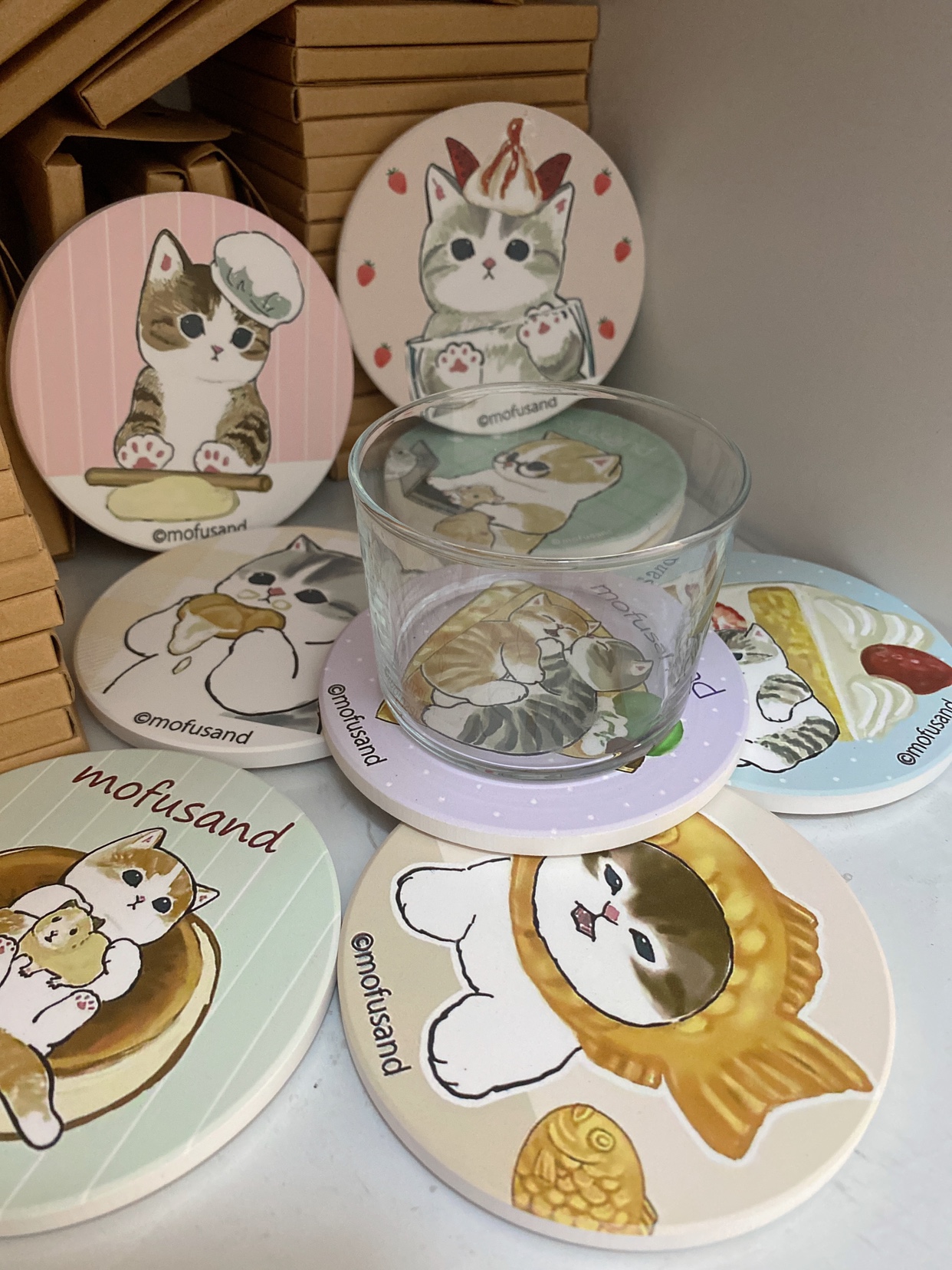 新品鲨鱼猫杯垫Mofusand甜品陶瓷卡通可爱吸水隔热防滑办公桌餐桌