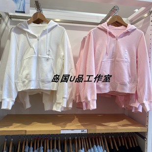 安哥拉红 春季女装休闲宽松高腰短款纯色连帽卫衣开衫外套484236