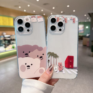 适用于可爱小熊用于iPhone16 11手机壳宇航员苹果16promax彩绘15pro透明xsmax保护壳8plus卡通14