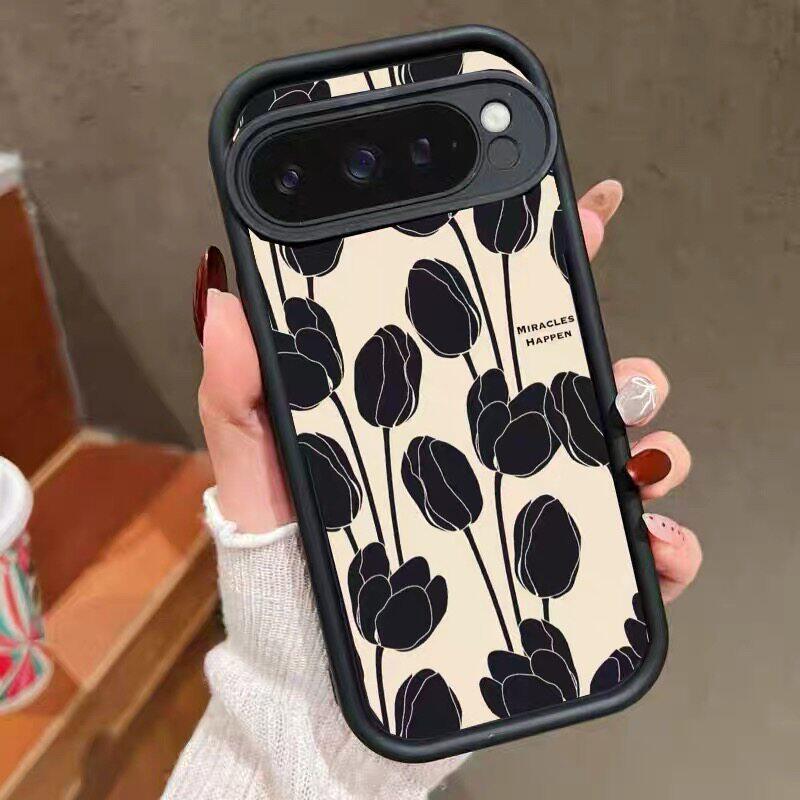 适用于黑色郁金香适用谷歌Pixel10proXL/10pro手机壳9proXL蓝色花Google Pixel8pro格子7pro软壳7A/8A/10可爱
