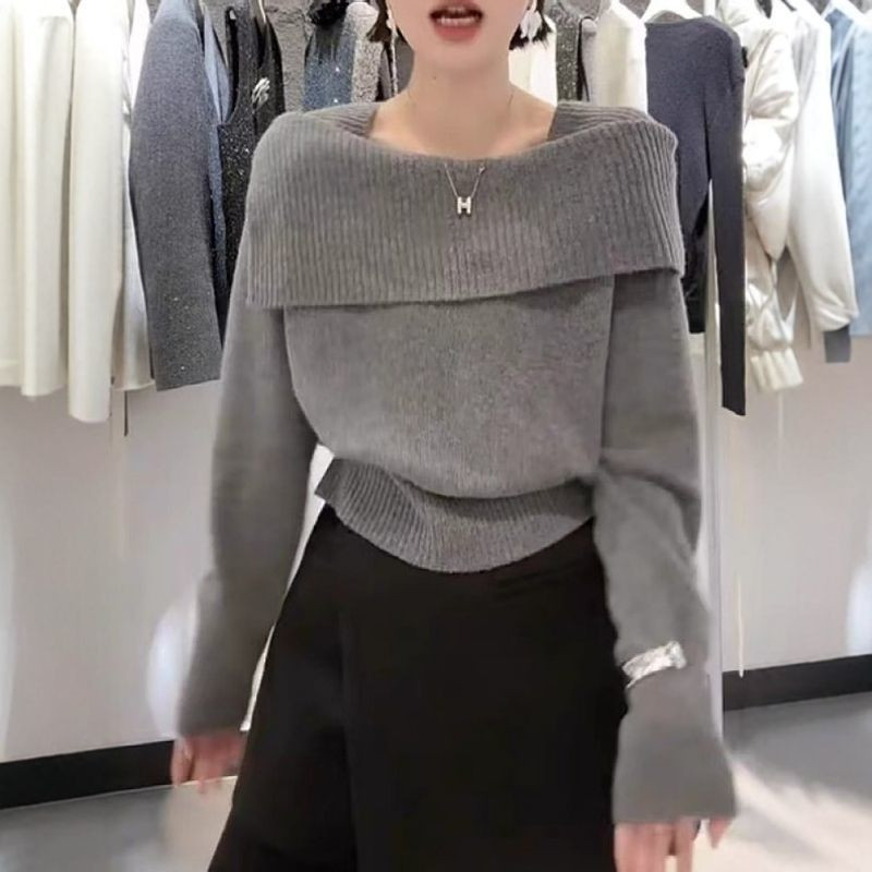 大码胖mm一字肩翻领毛衣女 2025新款慵懒风高级设计感针织衫上衣