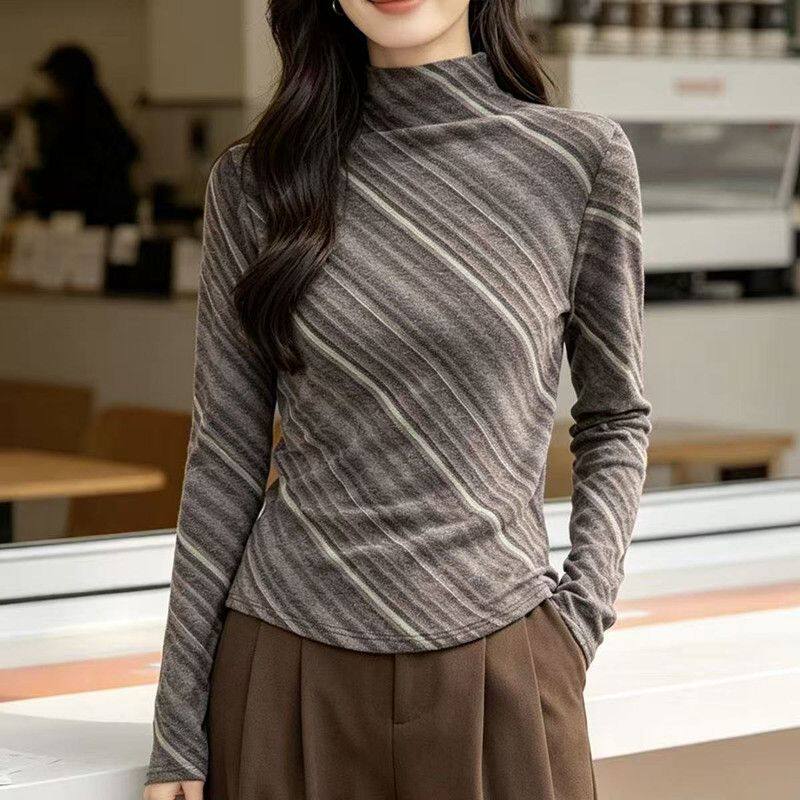 韩系斜纹半高领德绒长袖T恤女 2026秋大码胖mm修身显瘦打底衫上衣