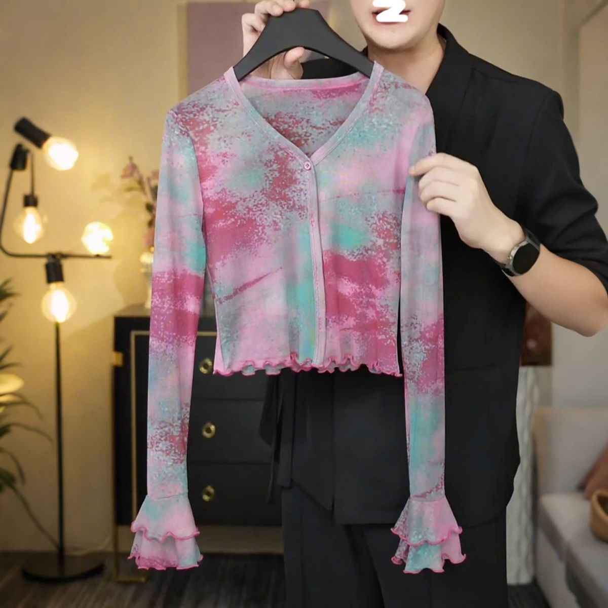 大码胖mm木耳边扎染开衫短款上衣女 2025早秋新款宽松打底衫罩衫