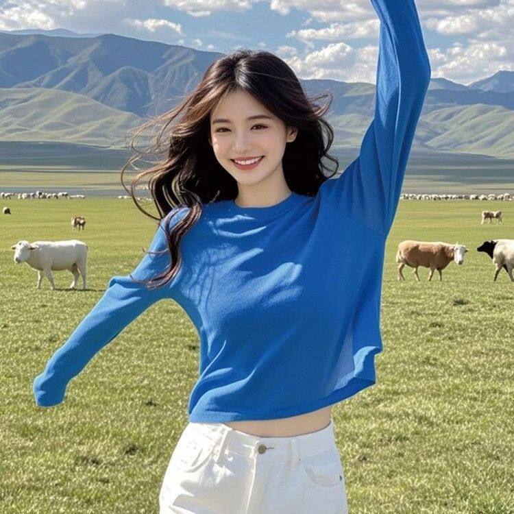 欧货通勤风长袖T恤女 2026新款大码胖mm薄款微透防晒罩衫显瘦上衣