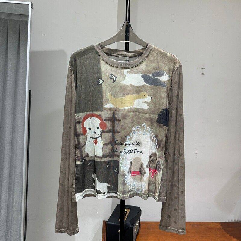 欧货小狗波点印花防晒罩衫T恤女