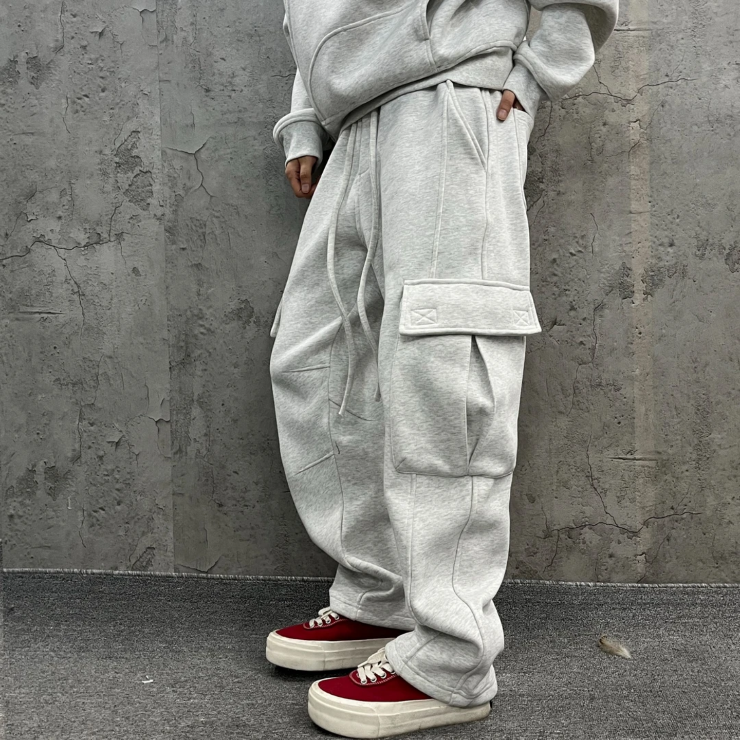 工装风卫衣套装男士冬季多口袋时尚百搭休闲长裤加绒情侣同款套装