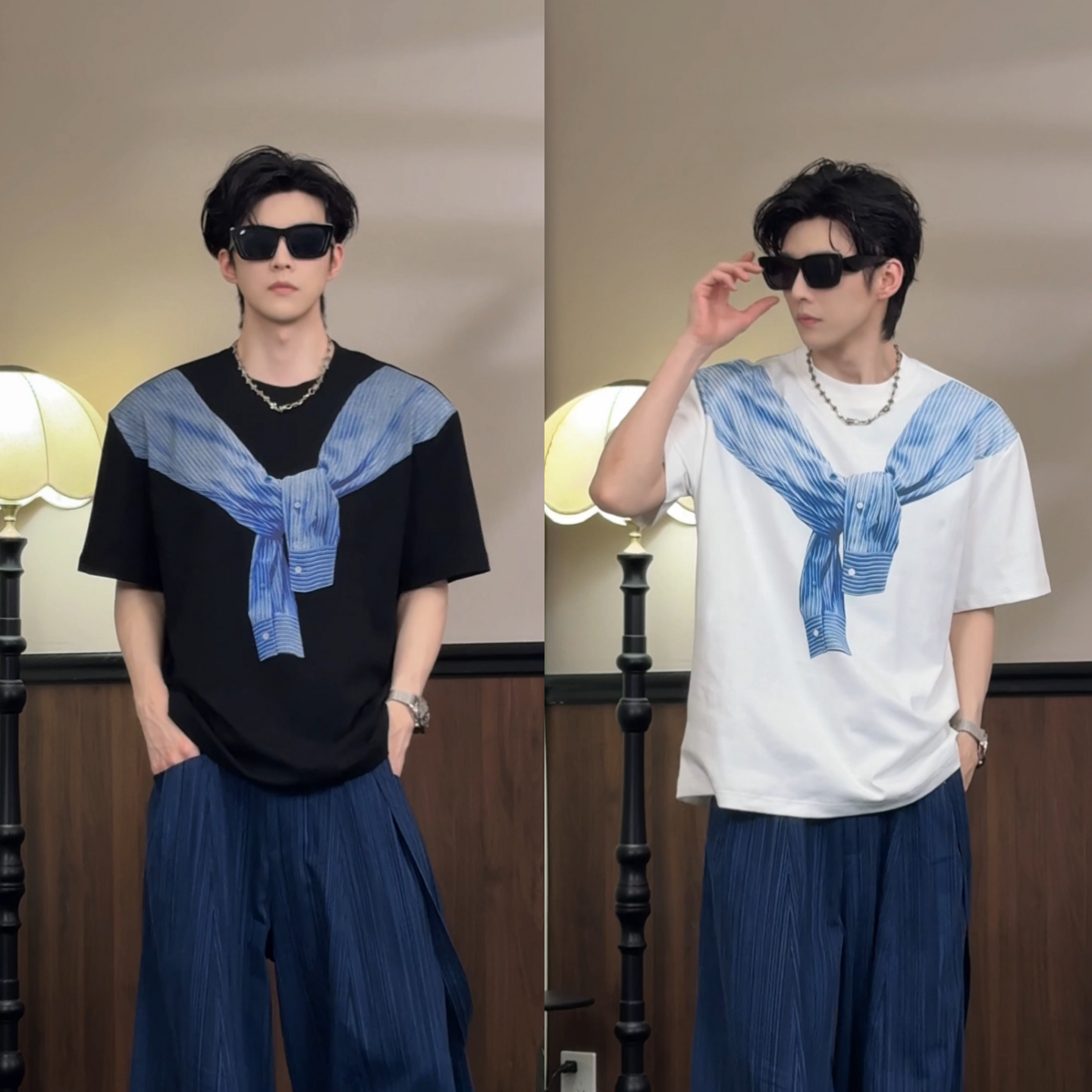 美式小众条纹印花男士短袖T恤潮