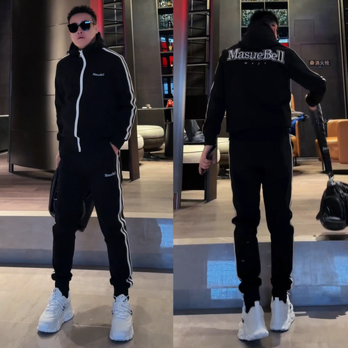 春季美式字母拼接条纹男时尚套装