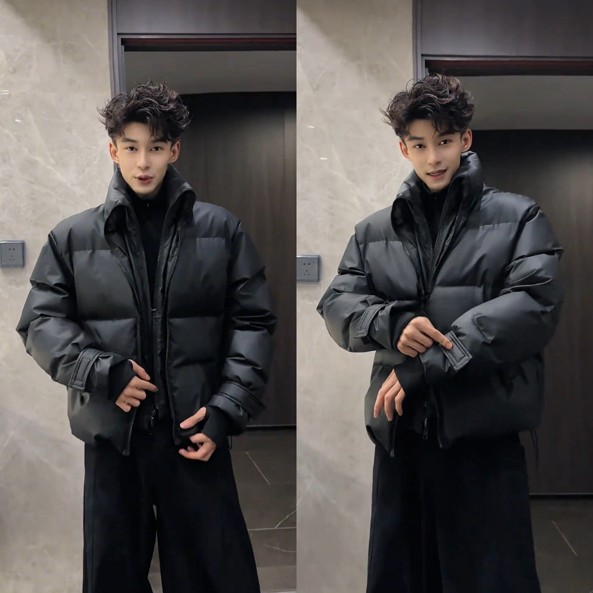 美式复古黑色立领假两件棉服冬季新款男士加厚保暖棉衣夹克外套潮