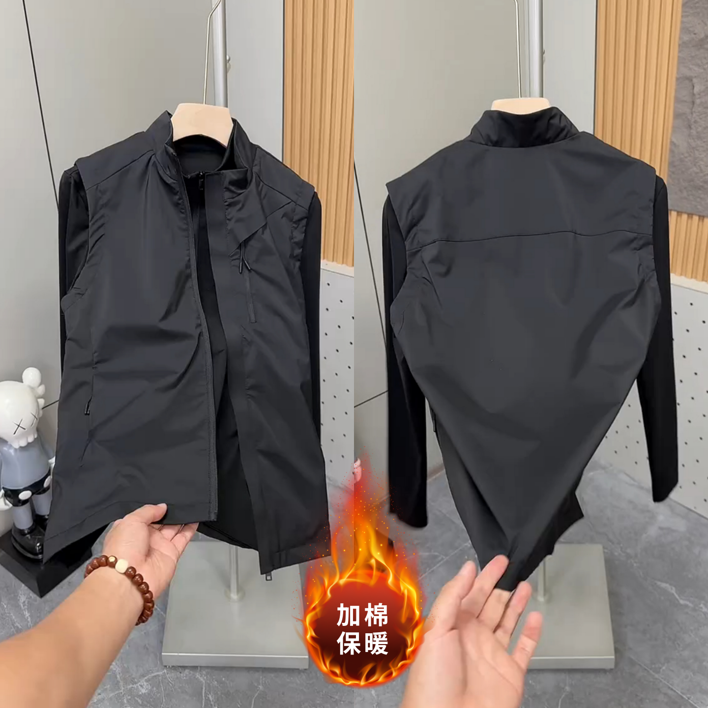 秋季新款男士马甲加棉保暖立领款拉链纯色休闲雅痞男无袖外套潮男