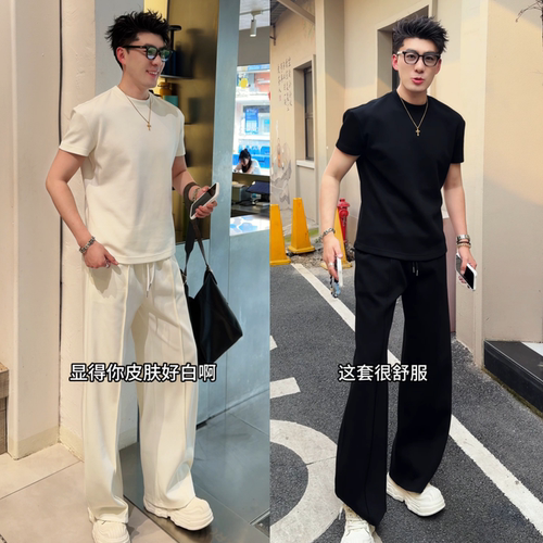 夏季韩系简约男士短袖直筒裤套装