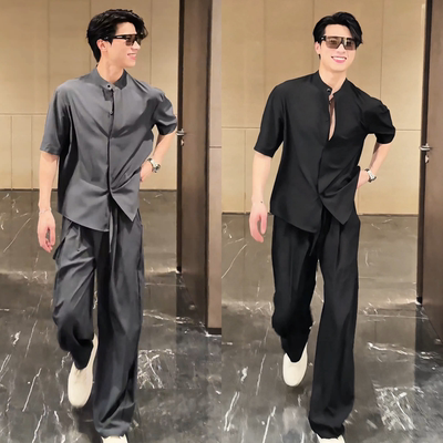 【主播同款】立领轻薄夏季凉感速干短袖衬衫长裤休闲套装情侣同款