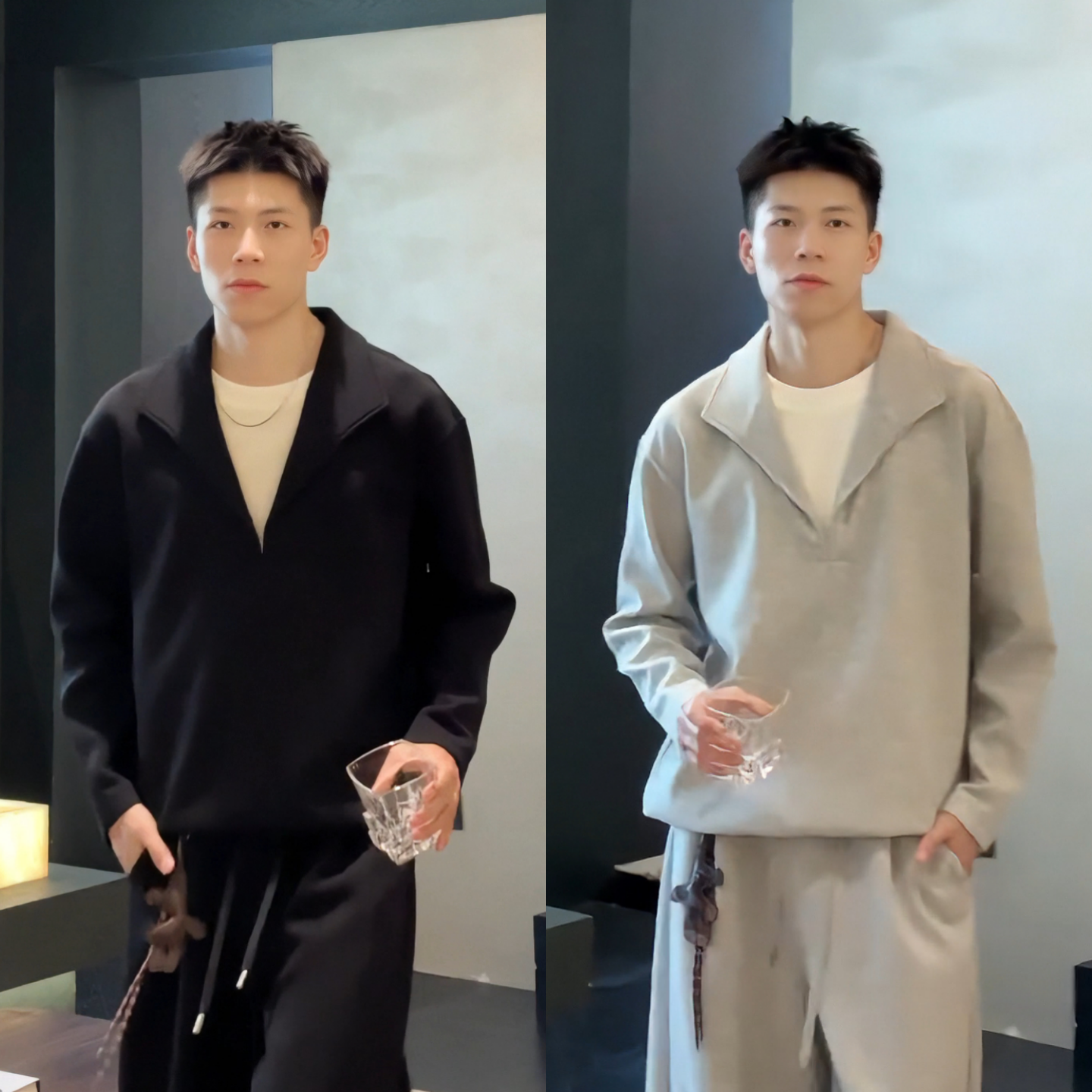秋季假两件设计款长袖V领卫衣男