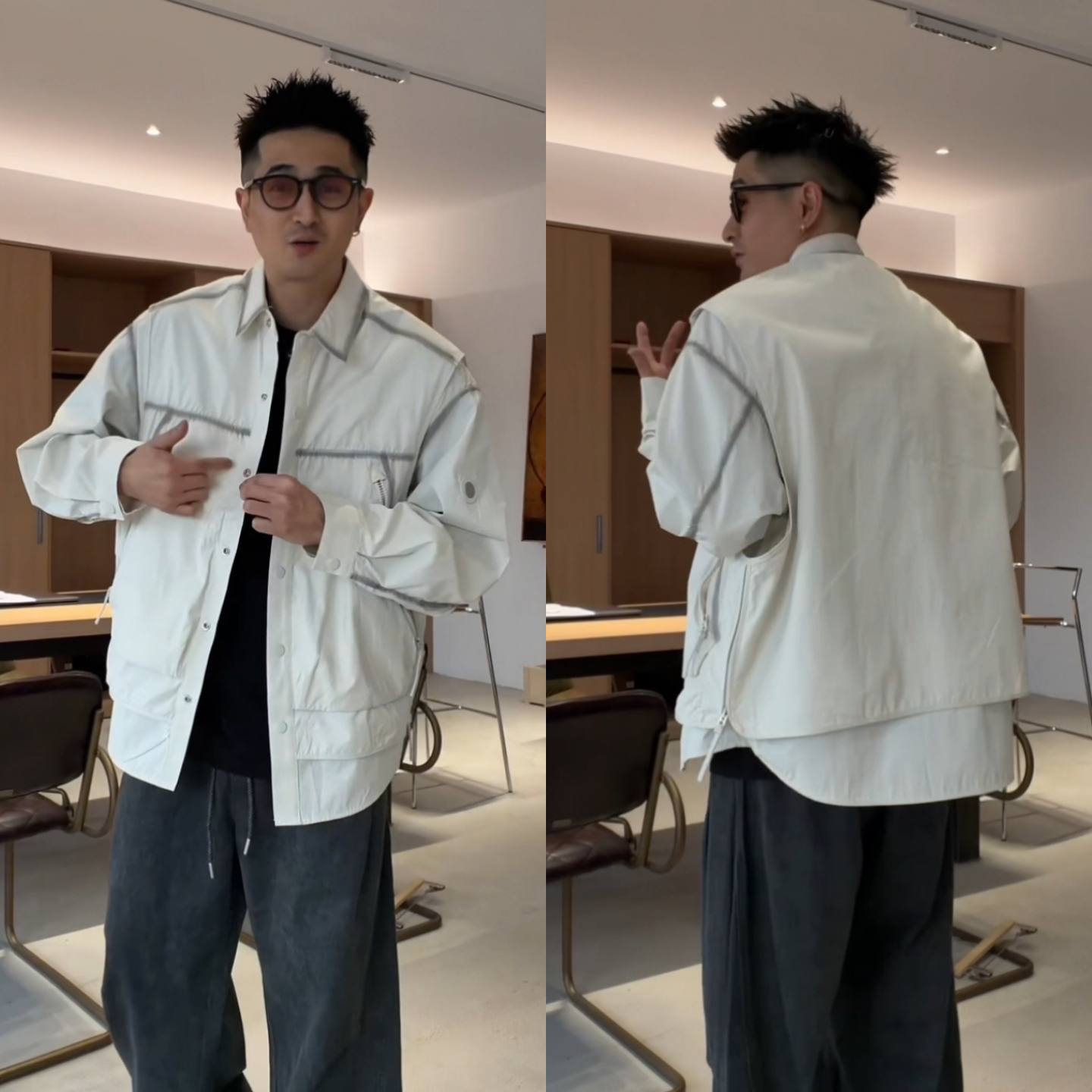 日系工装拼接假两件衬衫外套男款