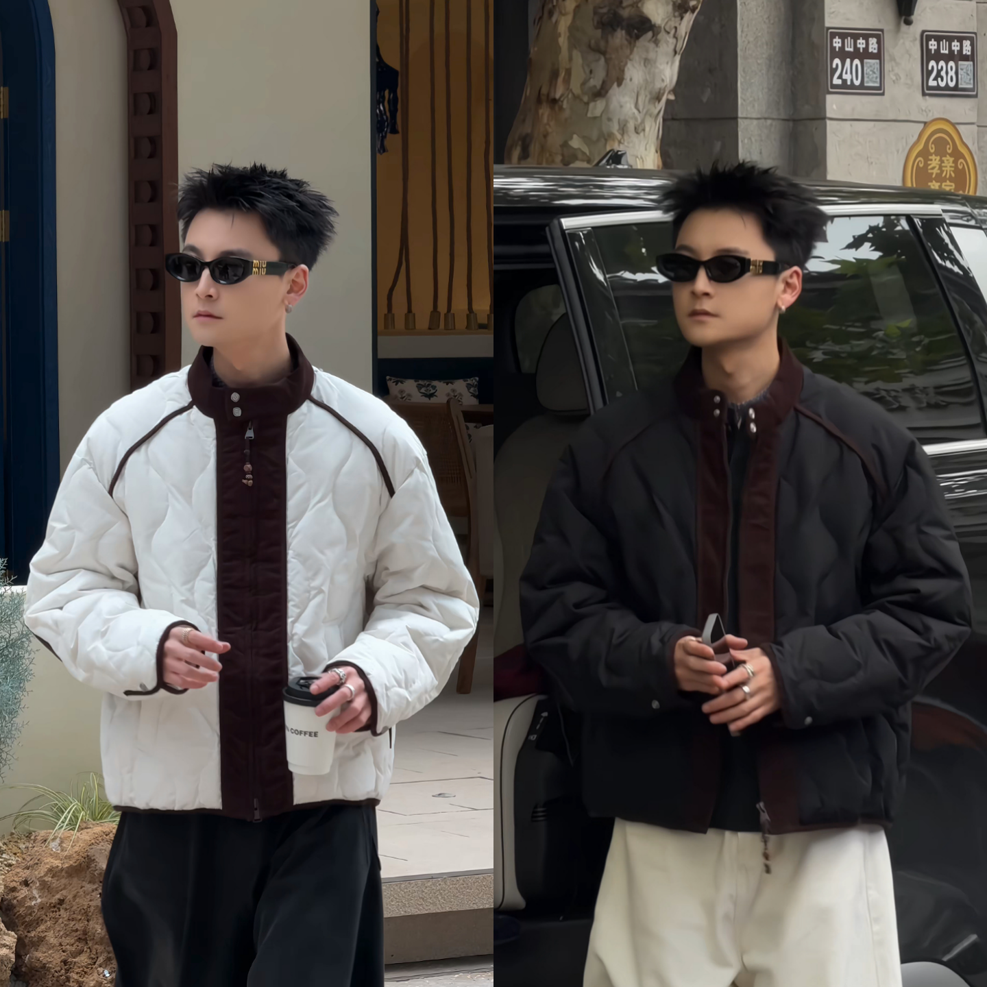 潮牌冬季绗缝拼色立领棉服