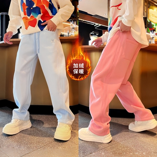男女款 直播间同款 立体剪裁设计直筒长裤 糖果色加绒弯刀休闲裤 冬季