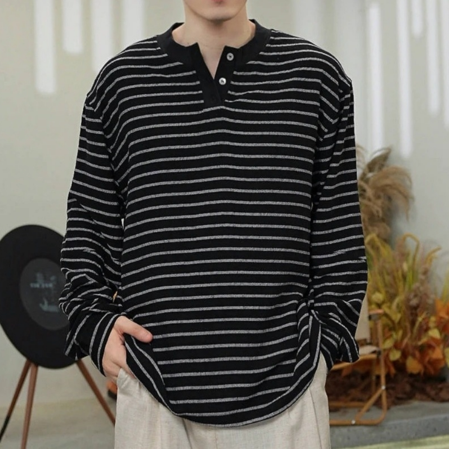 秋季上新男士拼色条纹长袖T恤潮