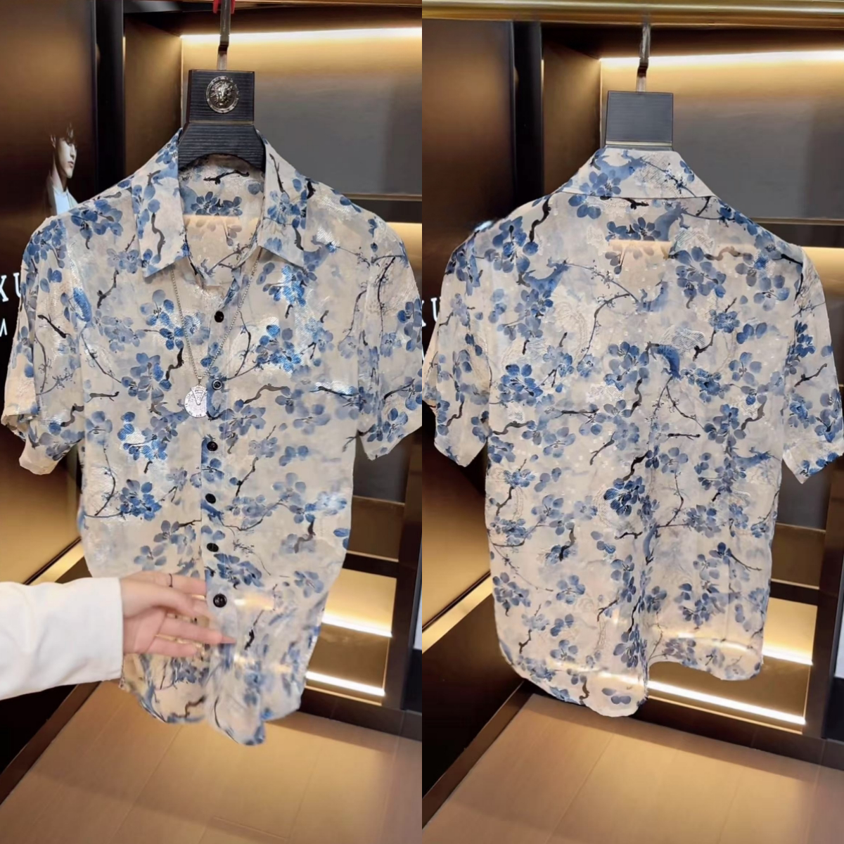 冰丝提花夏季薄款男士新中式休闲衬衫短袖上衣潮牌翻领宽松短袖T