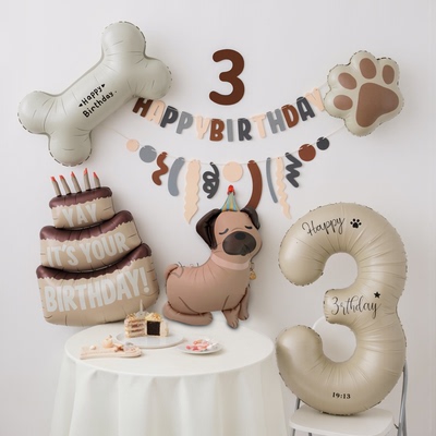 狗狗森系奶油宠物猫咪生日派对布置数字气球装饰拉花拉旗拍照道具