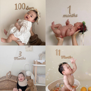 森系宝宝成长记录木质数字贴牌month月份岁数生日新生儿拍照道具