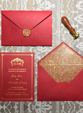 梦仟禧 烫金请柬 红色欧式婚礼请帖喜帖 高端婚礼定制加厚邀请函