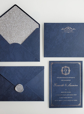 梦仟禧 结婚请帖婚礼请柬藏蓝色欧式邀请函信封烫金定制ins风