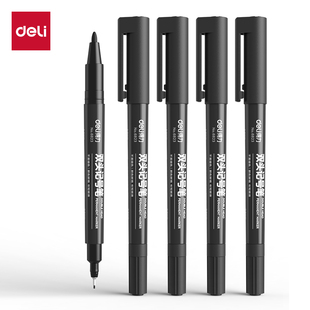 整盒12支 得力6823双头记号笔黑色油性笔粗细双头勾线笔标记笔