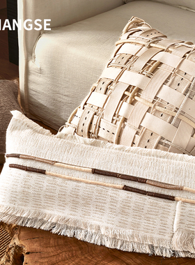 尚塞原创设计自然侘寂风中古风民宿原始稻草灰橙色样板房沙发抱枕