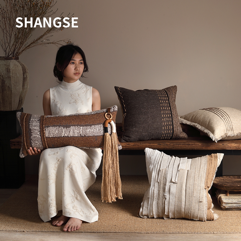 尚塞原创设计侘寂风中古风民宿样板房复古手工腰枕靠垫沙发抱枕套