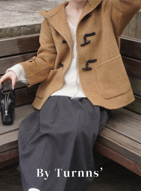 By turnns｜梧桐叶｜100细澳羊毛宽松阔型牛角扣连帽大衣外套