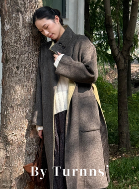 By turnns｜琥珀森林｜复古廓形通勤双面系带长款毛呢大衣外套