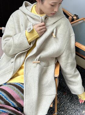By turnns｜雪松｜文艺小个子连帽羊毛大衣牛角扣外套