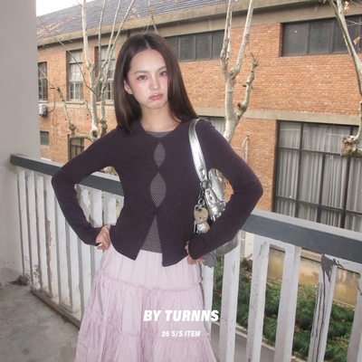 撞色波点假两件拼接镂空针织上衣